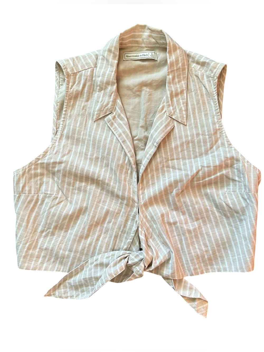 Abercrombie & Fitch Beige Tie-Front Sleeveless Cotton Crop Top Stripes Tan Cream